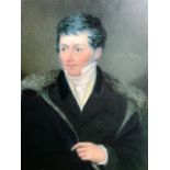 An early Victorian portrait miniature, circa 1840, a gentleman half length wearing a white stock and