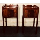 A pair of George III revival mahogany bedside commodes, gallery carved top above a single panel