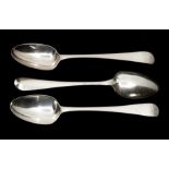 A set of three George III silver old English pattern table spoons, bright cut engraved, maker George