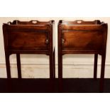 A pair of George III revival mahogany bedside commodes, gallery carved top above a single panel