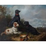 Tony Dury (French, 1819-1896), The Day's Bag - three sporting dogs with game in a landscape, ,