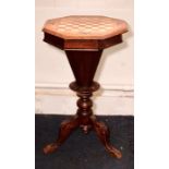 A Victorian mahogany trumpet shaped work games table, circa 1860, boxwood and ebonised chessboard