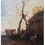 European School, 19th Century, a rustic farmstead with figures, infant and cattle, oil on canvas, 28