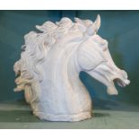 A decorative carved composite bust of a horse head, dated 1970, flowing mane, open mouth, height