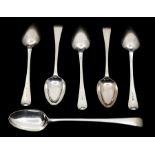 A set of five of George III old English pattern table spoons, maker William Eley & William Fearn,