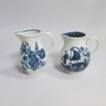 A Worcester Blue and White Sparrow Beak Jug Three Flowers pattern along with a Caughley Sparrow Beak