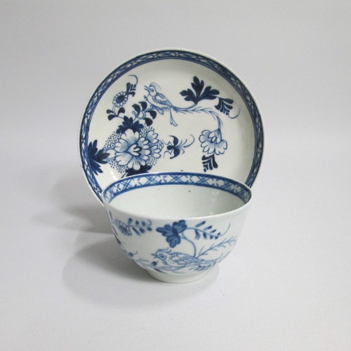 Liverpool Blue and White Tea Bowl and Saucer  painted with a bird on a branch Date Circa 1775