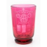 Masonic Interest, a ruby glass cylinder vase commemorating Trinity Lodge No.5179, found 1930,