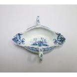 A Worcester Blue and White small sized twin handled Sauce Boat , painted with a Chinese Lake Scene