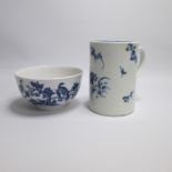 A Worcester Blue and White  Slop Bowl painted with Birds in Branches, along with a Worcester