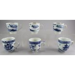 A group of six Chinese export hand-painted blue and white coffee cups, c. 1760. Each is decorated