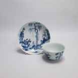 A Worcester Blue and White Tea Bowl and Saucer, painted with The Landslip pattern Date circa 1758