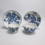 A Worcester Blue and White Tea Bowl and saucer, printed with Birds in branches pattern, along with