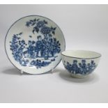 A Worcester Blue and White Tea Bowl and Saucer printed with the rare Three Ladies pattern Date circa