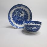 A Worcester Blue and White  Tea Bowl and Saucer, printed with The Circle Landscape pattern Date