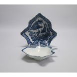 Two Caughley  Blue and White Leaf Shaped Pickle Dishes , The larger one with The Fisherman Pattern,