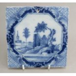 An eighteenth century tin-glazed earthenware blue and white hand-painted tile, c. 1770. It is