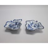 Two Bow  Blue and White Leaf Shaped Pickle Dishes  each painted with a variation of The Grapevine