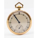 An Art Deco 9ct gold open faced pocket watch, silvered dial with baton markers, blue steel hands