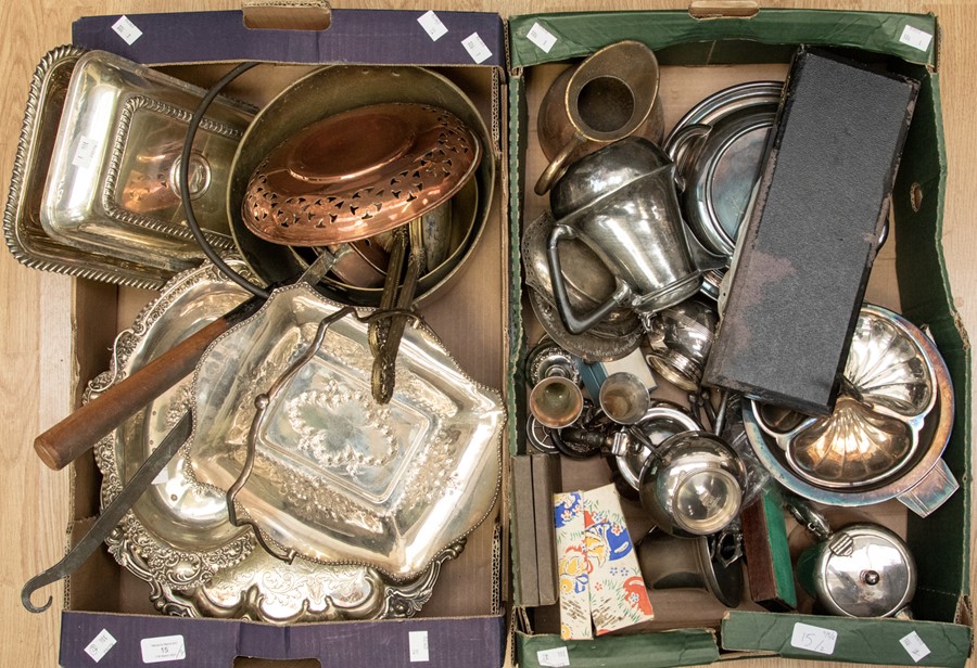 Silver plated wares including food servers, fruit baskets, along with a collection of brass wares