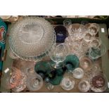 A collection of glass wares mostly drinking, wine glasses, boxed glass items, vases, coloured