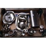 A group of stainless steel kitchenware and a selection of kitchen knives, utensils etc (2 boxes)