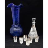 Hand blown mid 20th Century decanter with six glasses, and a hand blown studio style vase