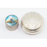 A Modern pill box and enamel cover decorated with a Kingfisher, by ET, Birmingham, 1981 and