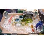 A collection of glassware to include: two Mary Gregory style circular box and covers; Venetian glass