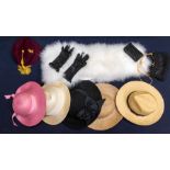 A collection of ladies vintage accessories to hats to include a cream marabou shrug, beaded