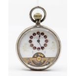 A Hebdomas 8 days open faced pocket watch, white enamel exhibition dial, white metal case, dial