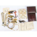 A box of costume jewellery and works of art to include:  Mother-of-pearl dagger form letter