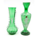 A Mary Gregory style green glass urn shaped vase decorated with Girl with a Hoop, 33cm high and