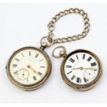 two silver open faced pocket watch, white enamel dials, Roman numerals, subsidiary dial,  dial