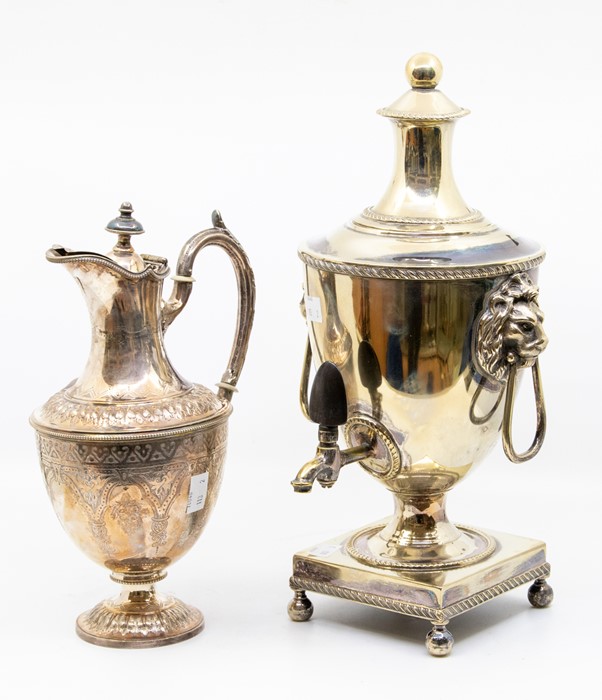 Early 20th Century silver plated water pot, with front tap and lions head handles, along with late