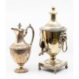 Early 20th Century silver plated water pot, with front tap and lions head handles, along with late