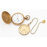 A gold plated Russell & Sons hunter pocket watch, white enamelled dial with Roman numerals,