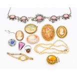 A collection of costume jewellery, including a graduated pearl necklace, gilt metal cameo brooch,