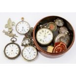 A collection of open faced pocket watches to include three silver along with two white metal