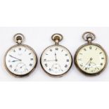 Three silver open faced pocket watches, all with white enamel dials, Roman markers and subsidiary