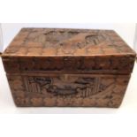 Mid 20th C. Carved  Chinese style wooden box. Hinged lid in need of new hinges. 12 x 7 x 7 inches.