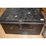 A  black metal document/deed box, inscribed W. Norman , 54 x 34 x 30cm