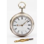 A Georgian III silver pair cased pocket watch, white enamel dial with Roman numeral markers, dial