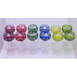 A set of 12 Val St Lambert crystal coloured glasses
