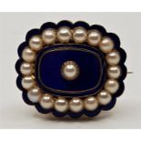 A 19th century precious yellow metal, indigo guilloche enamel and cultured pearl set mourning