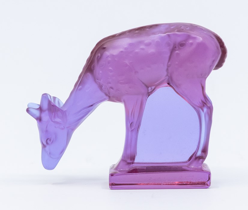 A Lalique Art glass paper weight in the form of a  deer, in frosted teal blue glass, the base