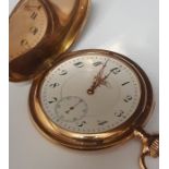 GERMAN 14ct GOLD Hunter  POCKET WATCH with leather case , conditon good working watch