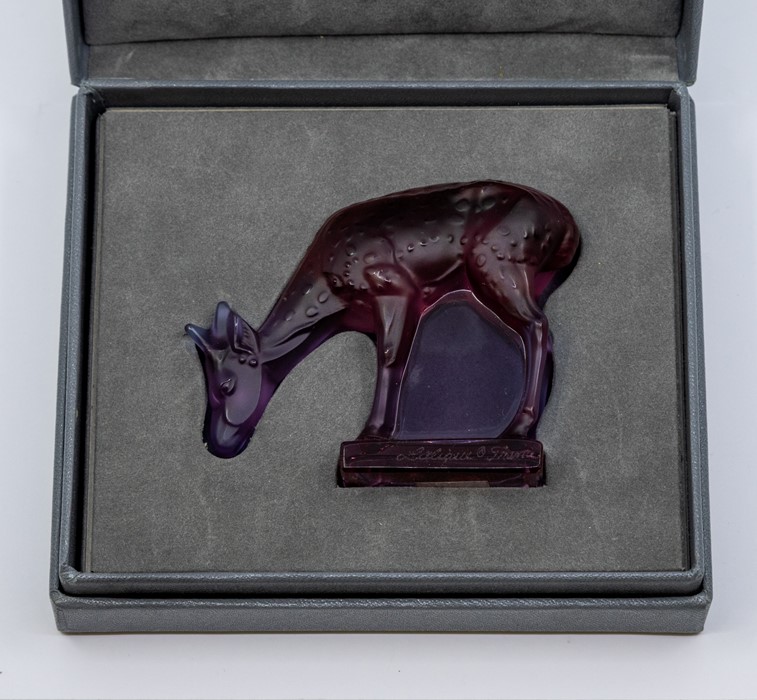 A Lalique Art glass paper weight in the form of a  deer, in frosted teal blue glass, the base - Image 4 of 4