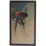 A Japanese watercolour of a cock and hen pheasant, framed and under glass, 34.8cm x 20cm..