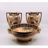 A Japanese porcelain Noritake bowl and similar pair of vases  Good condition no damages